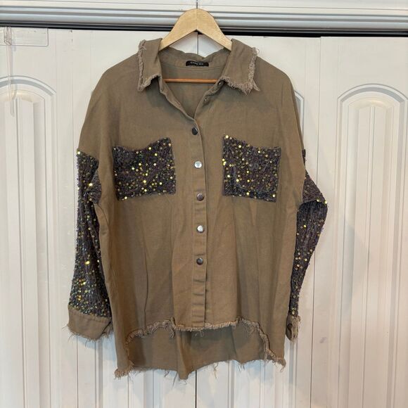 Chichme Tan Sequin‎ Shacket Size Medium - Picture 1 of 7